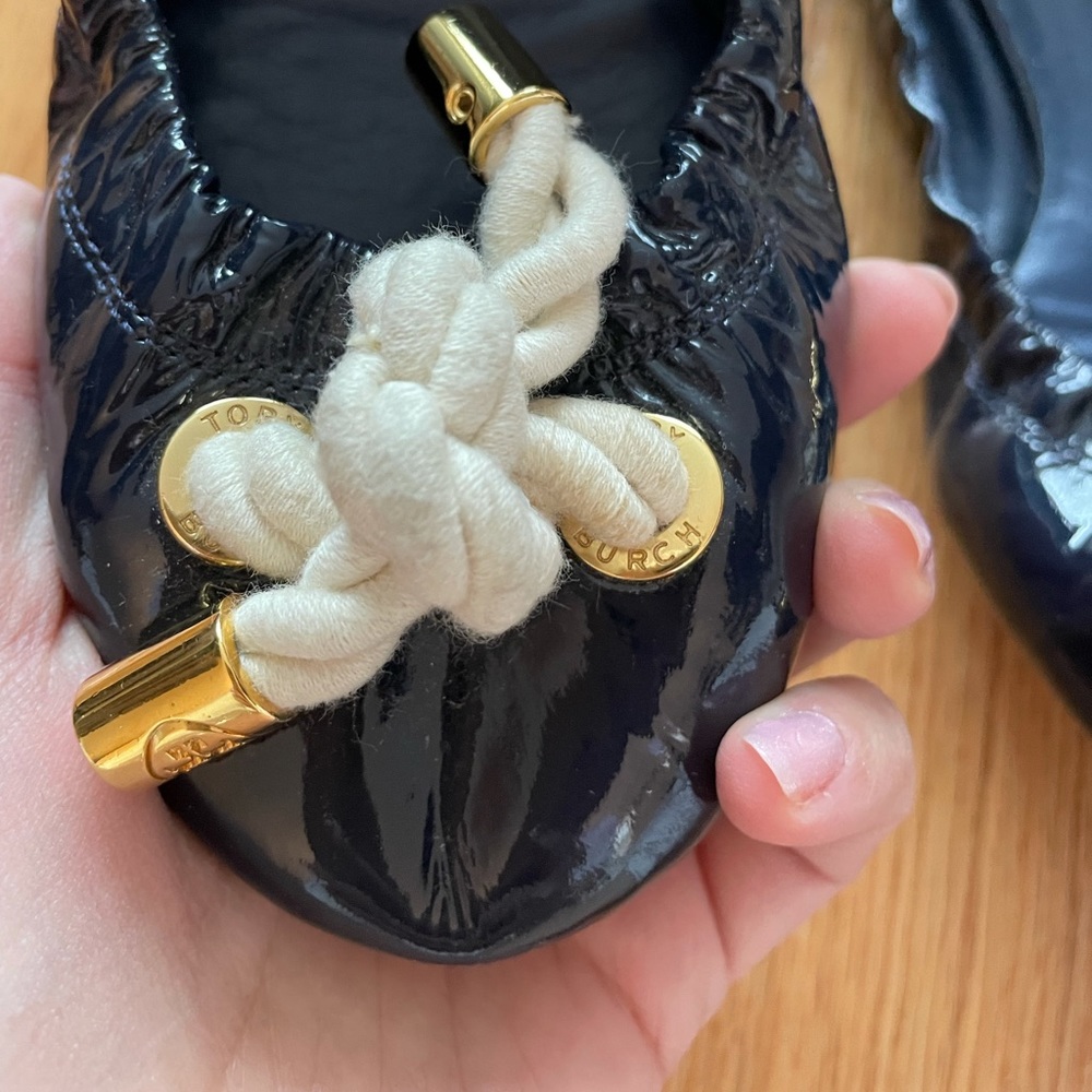 Tory Burch Blue Eddie Patent Leather Slip On Ballet Rope Detail Flats